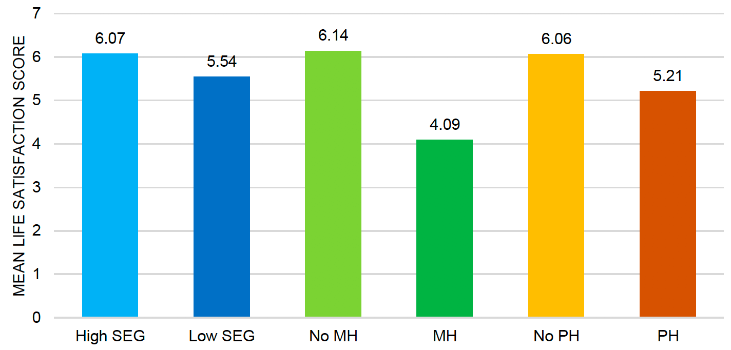 This histogram separately illustrates the mean life satisfaction scores for those who did or did not report a pre-existing mental health conditions, participants of the high or low socio-economic group and those who reported or did not report a pre-existing physical health condition. The highest mean life satisfaction score of 6.14 was identified for participants without a pre-existing mental health condition, followed by 6.07 in the high socio-economic group and 6.06 for participants without a pre-existing physical health condition. Participants from the low socio-economic group showed a mean life satisfaction score of 5.54 and participants with a pre-existing physical condition had a mean score of 5.21. The lowest mean life satisfaction score, 4.09, was found for participants with a pre-existing mental health condition. 