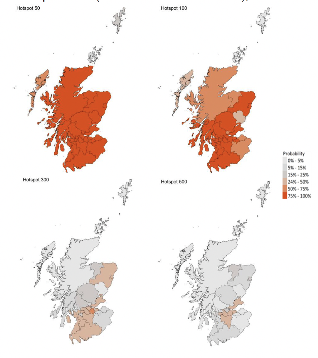 Figure 8. A series of four maps showing the probability of local authority areas exceeding thresholds of cases per 100K (17th October to 23rd October 2021).