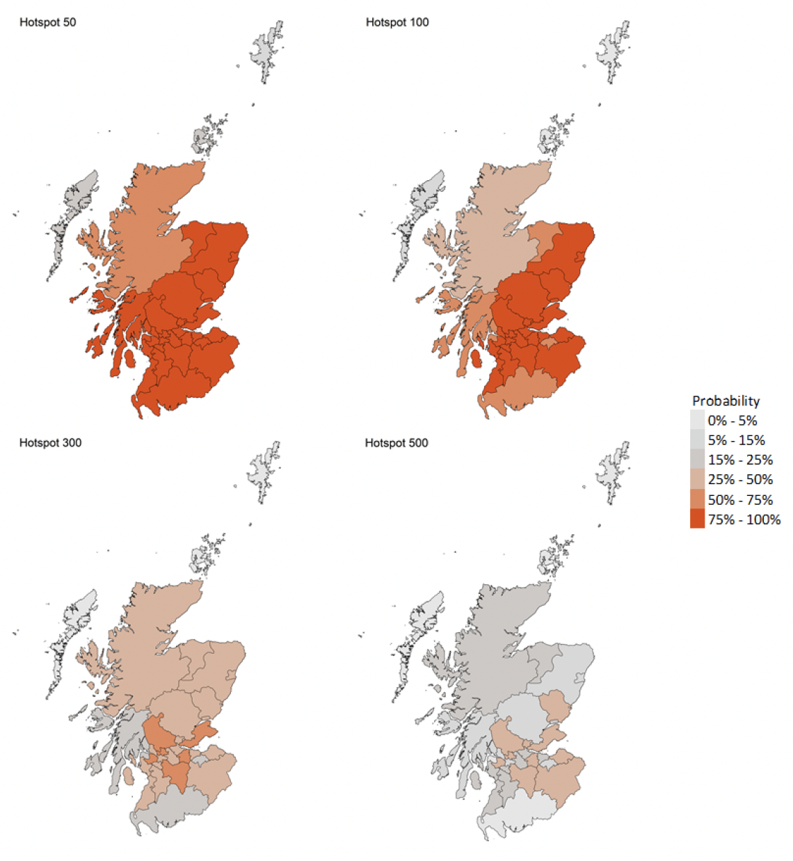 Figure 16. A series of four maps showing the probability of local authority areas exceeding thresholds of cases per 100K (5th to 11th September 2021).
