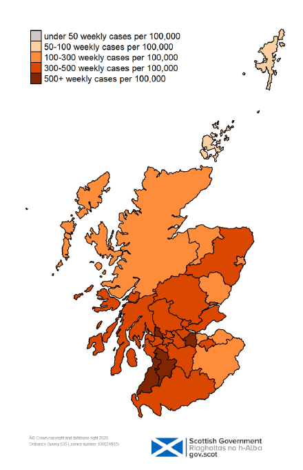 This colour coded map of Scotland shows the different rates of weekly positive cases per 100,000 people across Scotland’s Local Authorities. The colours range from grey for under 50 weekly cases per 100,000, through very light orange for 50 to 100, orange for 100-300, darker orange for 300-500, and very dark orange for over 500 weekly cases per 100,000 people. 

Four local authorities are showing as very dark orange on the map this week, with over 500 weekly cases. These are South Ayrshire, East Ayrshire, West Lothian and West Dunbartonshire. No local authorities are showing as grey for under 50 weekly cases per 100,000. Orkney and Shetland are shown as very light orange, with 50-100 weekly cases per 100,000 people. Aberdeen, Angus, Edinburgh, East Lothian, Highland, Moray, Na h-Eileanan Siar and Scottish Borders are showing as orange with 100-300 weekly cases. All other local authorities are shown as darker orange with 300-500 weekly cases per 100,000.
