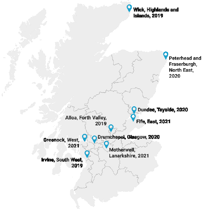 map of Scotland with pinned locations for the nine case studies undertaken as part of Fair Start Scotland evaluation