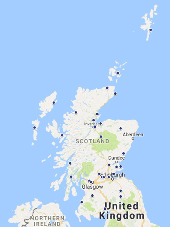 This figure shows Scottish Water core sludge treatment centres in Scotland.