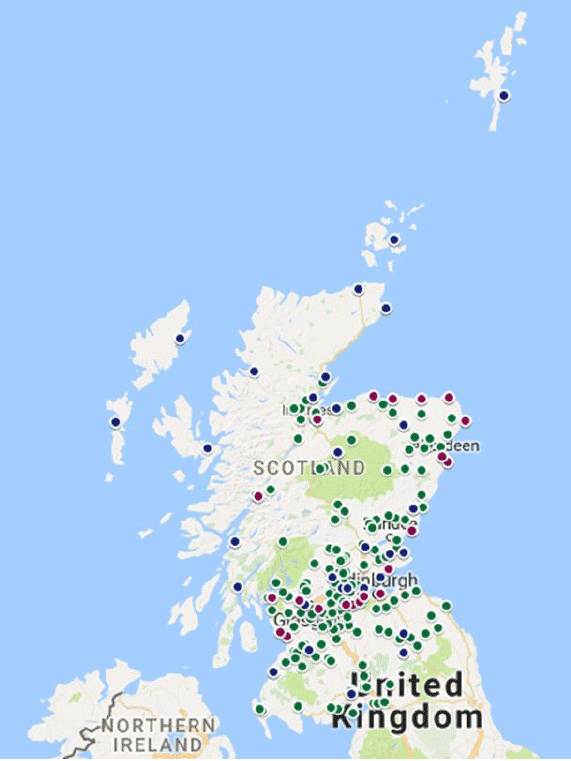 This figure shows Waste Water Treatment Works in green, Scottish Water STCs in blue and PPP STCs in purple.