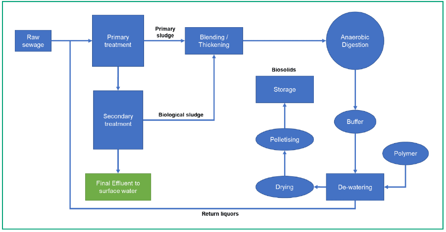 This figure shows an overview of waste water and sludge treatment, including conventional Anaerobic Digestion and de-watering.