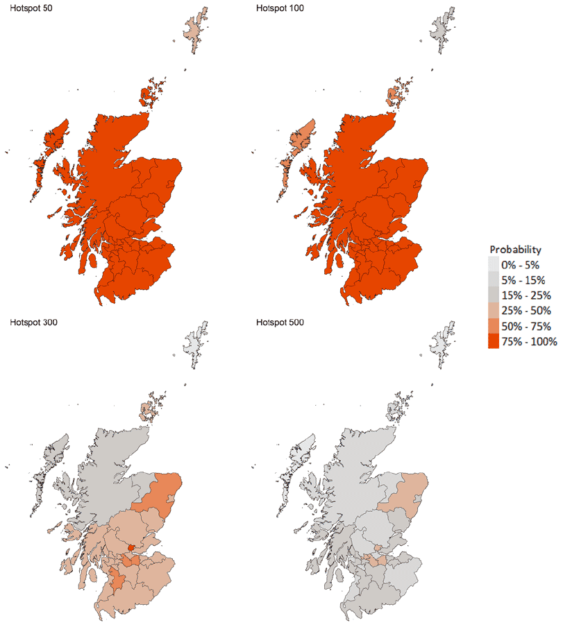 A series of four maps showing the probability of local authority areas exceeding thresholds of cases per 100K (14th to 20th November 2021).