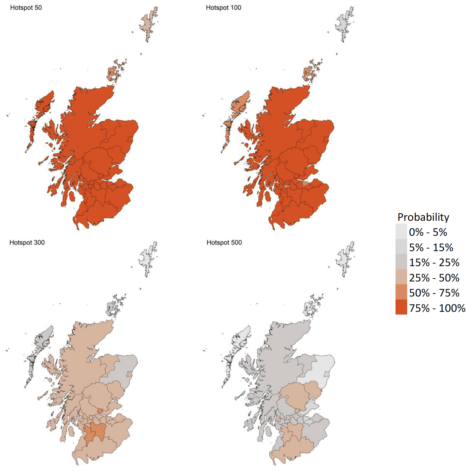 Figure 15. A series of four maps showing the probability of local authority areas exceeding thresholds of cases per 100K.