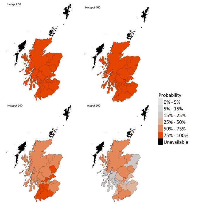 A series of four maps showing the probability of local authority areas exceeding thresholds of cases per 100K (28th November to 4th December 2021).