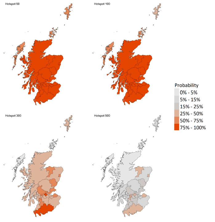 A series of four maps showing the probability of local authority areas exceeding thresholds of cases per 100K (5th December to 11th December 2021).
