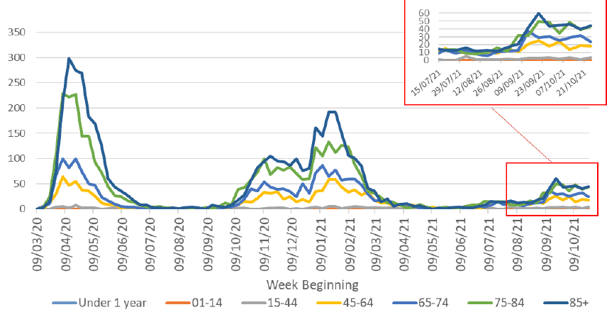 This line graph shows the weekly number of deaths for seven different age groups over time, from March 2020. In April 2020 the number of deaths in the four age groups over 45 reached a peak, with the highest number of deaths being in the over 85 age group. Deaths then declined steeply and the number of deaths was very low in all age groups from July to September 2020. In October the number of deaths started to increase and then plateaued during November and December 2020 for the four age groups over 45. At the end of December deaths rose steeply again to another peak in January 2021, with the highest deaths being in the over 85 age group. The number of deaths has since declined steeply with the largest decrease in the over 85 age group, followed by a sharp decline in the 75 to 84 age group. Since mid-June 2021 there has been a slight increase in deaths overall, with the greatest increase in the 45 plus age groups. However, the number of deaths in all age groups remained low with only a slight recent increase seen with 133 deaths registered over the latest week. Deaths in the under 44 age groups have remained very low throughout the whole period.