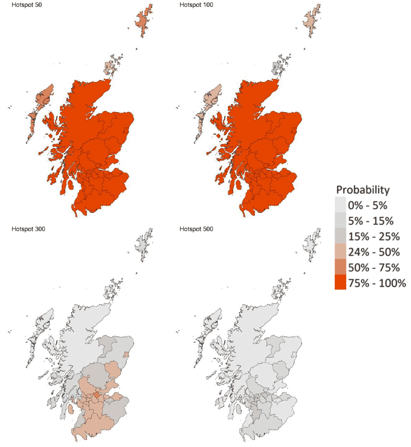 A series of four maps showing the probability of local authority areas exceeding thresholds of cases per 100K (12th December to 18th December 2021).