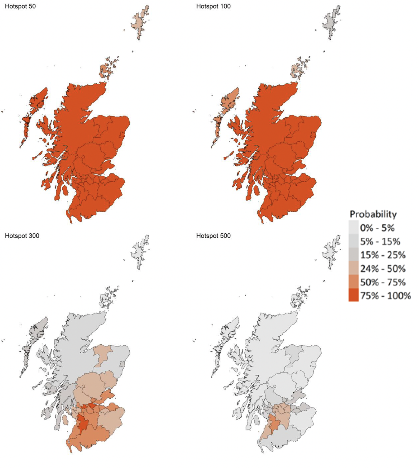 A series of four maps showing the probability of local authority areas exceeding thresholds of cases per 100K (19th to 25th December 2021).