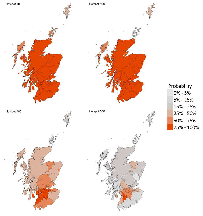 A series of four maps showing the probability of local authority areas exceeding thresholds of cases per 100K (26th December 2021 to 1st January 2022).