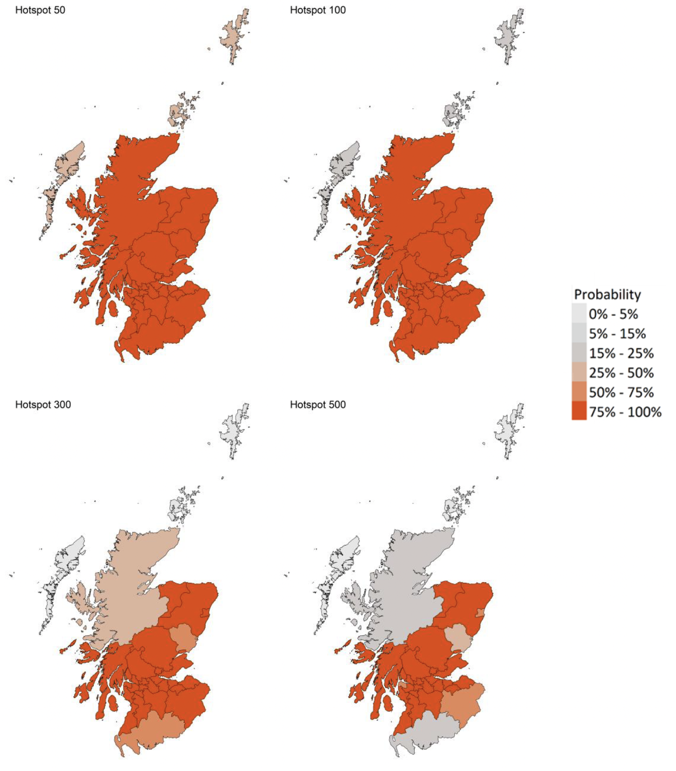 A series of four maps showing the probability of local authority areas exceeding thresholds of cases per 100K (2nd to 8th January 2022).