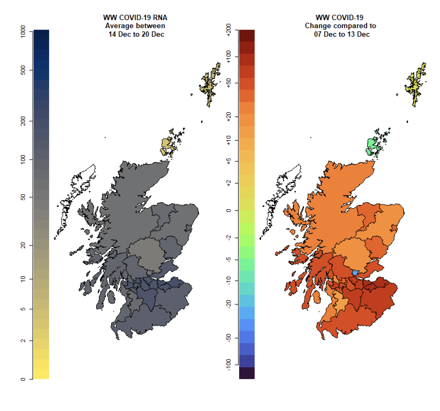 Two maps of Scotland, showing Covid-19 levels by local authority and the change compared to the previous period.