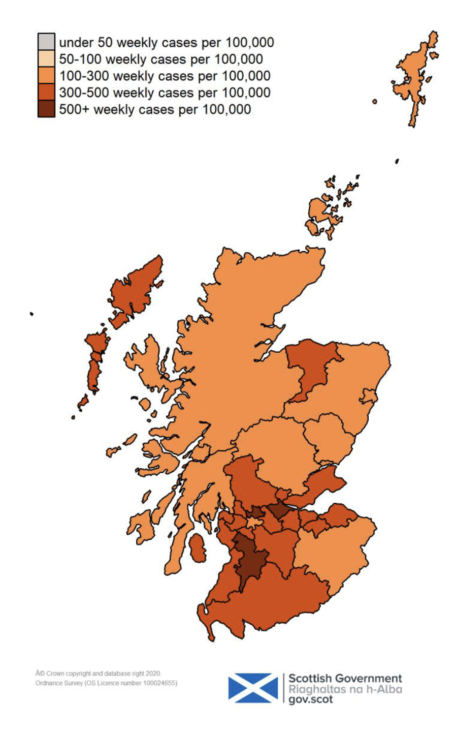 This colour coded map of Scotland shows the different rates of weekly positive cases per 100,000 people across Scotland’s Local Authorities. The colours range from grey for under 50 weekly cases per 100,000, through very light orange for 50 to 100, orange for 100-300, darker orange for 300-500, and very dark orange for over 500 weekly cases per 100,000 people. 
East Ayrshire, East Dunbartonshire and Falkirk are showing as very dark orange on the map this week, with over 500 weekly cases per 100,000. City of Edinburgh, Clackmannanshire, Dumfries and Galloway, East Lothian, East Renfrewshire, Fife, Inverclyde, Midlothian, Moray, Na h-Eileanan Siar, North Ayrshire, North Lanarkshire, Renfrewshire, South Ayrshire, South Lanarkshire, Stirling, West Dunbartonshire and West Lothian are shown as darker orange with 300-500 weekly cases per 100,000. All other local authorities are showing as orange with 100-300 weekly cases per 100,000 population. No local authorities are shown as very light orange, with 50-100 weekly cases per 100,000 people, and no local authorities are showing as grey for under 50 weekly cases per 100,000.
