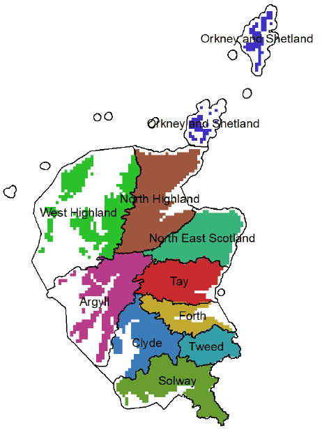 A map of Scotland is subdivided into the 10 sub-basin districts as defined under the Water Framework Directive. The boundaries distinguish the following regions: Solway, Tweed, Clyde, Forth, Argyll, Tay, North East Scotland, North Highland, West Highland (including Outer Hebrides), Orkney and Shetland