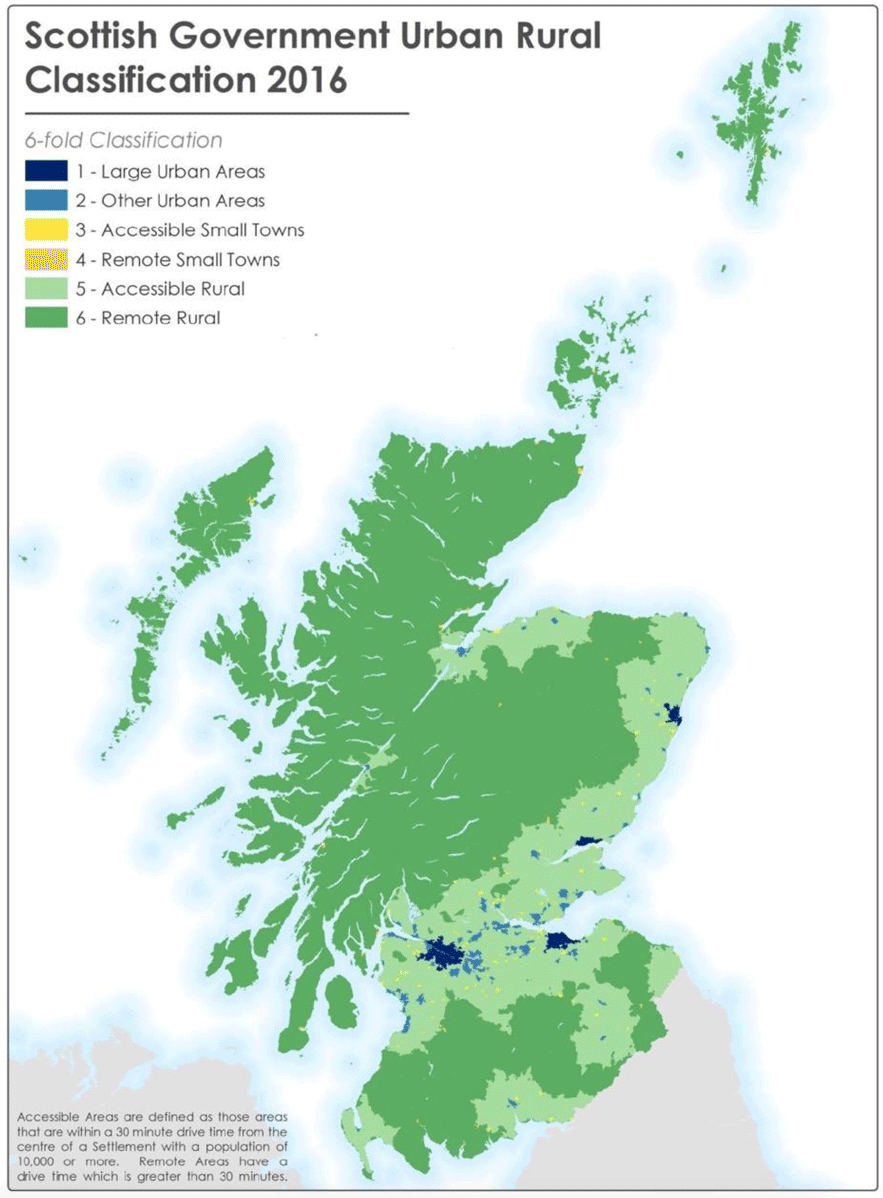 Image of a map showing which areas of Scotland are urban and rural.