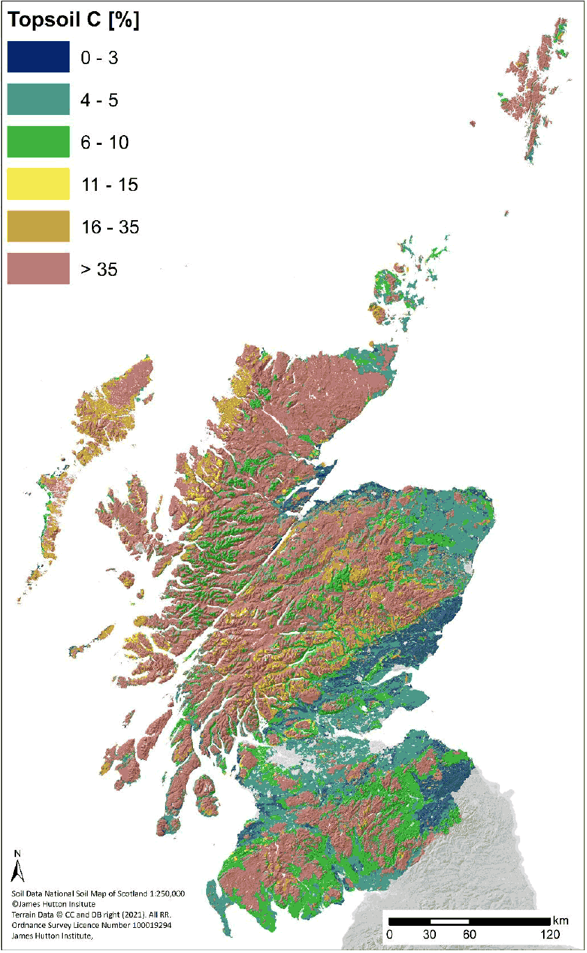 Map of topsoil organic carbon concentrations in Scotland ranging from zero to greater than 35%. The greatest concentrations are in the North and West, and the South with lesser concentrations in the east.