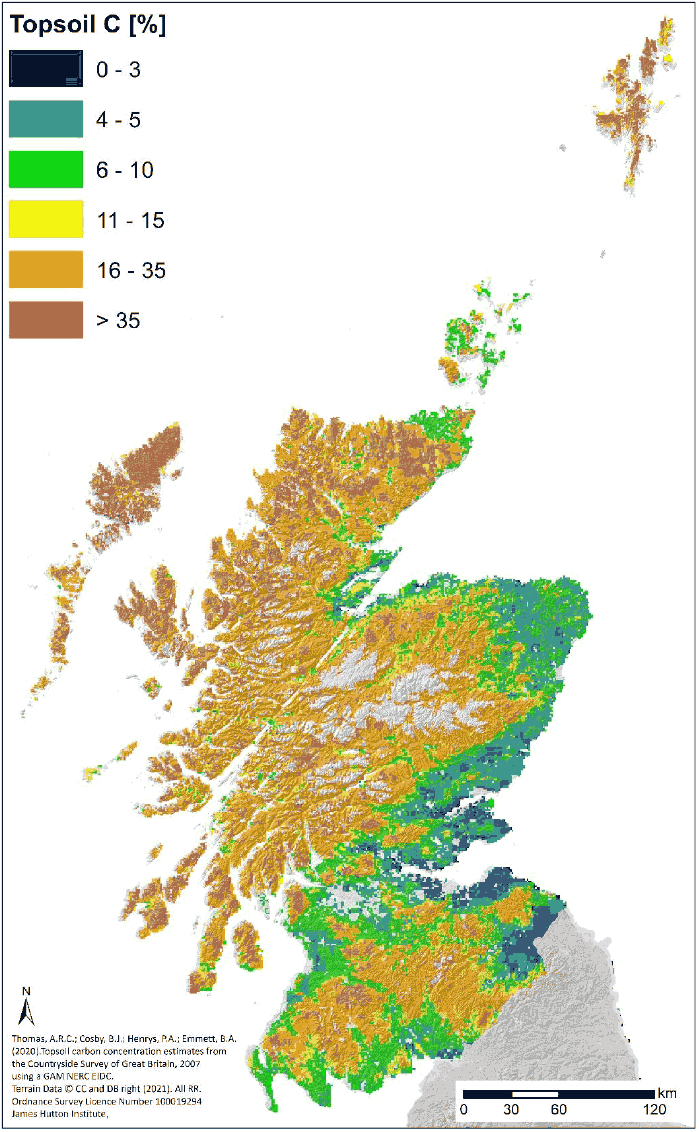 Map showing soil organic carbon concentrations in Scotland between the soil surface and 15 cm depth based on a statistical model and CEH Countryside Survey. Carbon concentrations range from zero to greater than 35%. The greatest concentrations are in the North and West, and the South with lesser concentrations in the east. No concentrations are predicted for the highest mountain tops.