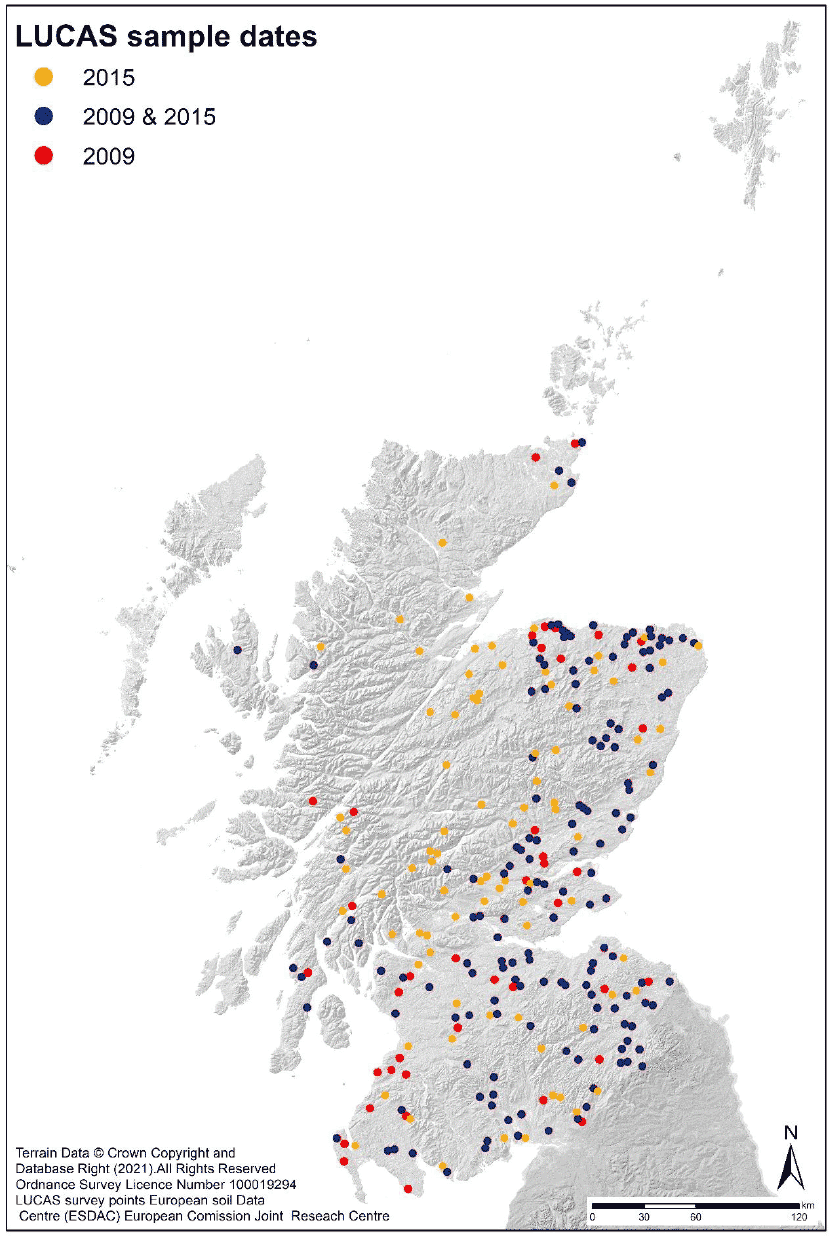 Map of the locations in Scotland of the LUCAS (Land Use/Cover Area frame statistical Survey) sampling points in Scotland where soil samples were taken in 2009 and in 2015 and where the 2009 locations were also sampled in 2015. 