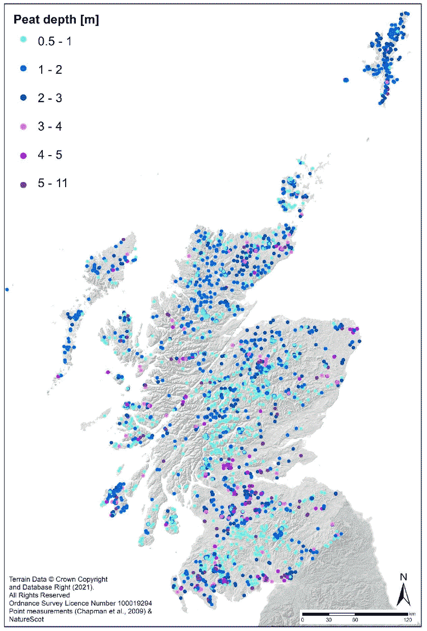 Map of the locations in Scotland where peat depth was measured as part of NatureScot peatland action. Peat depths range from 0.5 to 11 metres.