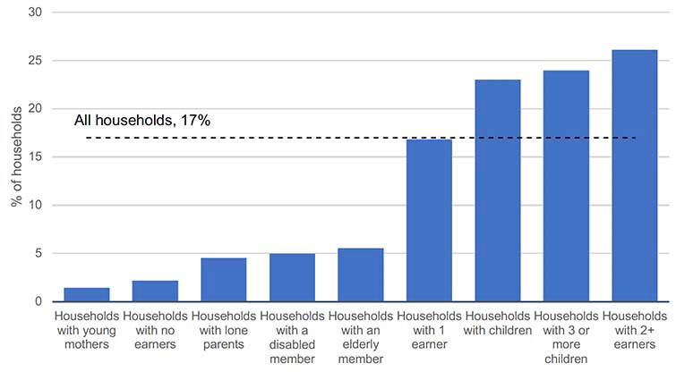 This chart shows the proportion of households with a range of groups that saw equivalised household income after housing cots fall by more than 1% due to the policy change. This includes:

•	Less than 6% of households with young mothers, no earners, lone parents, an elderly member, or a member with a disability.
•	More than 15% of households with one earner, children, three or more children, and with 2 or more earners.
•	17% of households overall.
