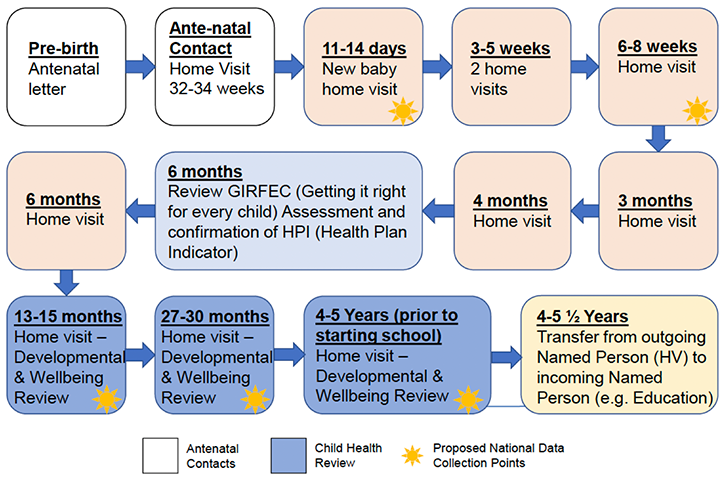 Figure shows contact points in the Universal Health Visitor Pathway (UHVP). First contact point is pre-birth, antenatal letter. Second contact point is ante-natal contact, home visit at 32-34 weeks of pregnancy. Both these contact points in the graph are coloured white, to reflect that they are antenatal contacts. Next contact point is when the baby is 11-14 days old, new baby home visit. This contact point is a proposed national data collection point. Next contact point is at 3 to 5 weeks, 2 home visits. Next contact point is at 6 to 8 weeks, a home visit. This contact point is a proposed national data collection point. Next contact point is at 3 months, a home visit. Next contact point is at 4 months, a home visit. Next contact point is at 6 months, review Getting it Right for Every Child Assessment and confirmation of Health Plan Indicator. Next contact point is at 6 months, a home visit. Next contact point is at 13 to 15 months, a home visit with developmental and wellbeing review. This contact point is a proposed national data collection point. Next contact point is at 27 to 30 months, a home visit with developmental and wellbeing review. This contact point is a proposed national data collection point. Next contact point is 4 to 5 years, a home visit with developmental and wellbeing review. This contact point is a proposed national data collection point. The last three contact points in the graph are coloured dark blue, to reflect that they are Child Health Review contacts. Final contact point is at 4 to 5 and a half years, transfer from outgoing named person (health visitor) to incoming named person (e.g. education).   