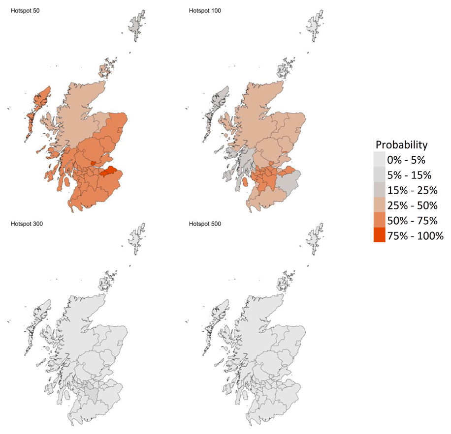A series of four maps showing the probability of local authority areas exceeding thresholds of cases per 100K (30th January to 5th February 2022).