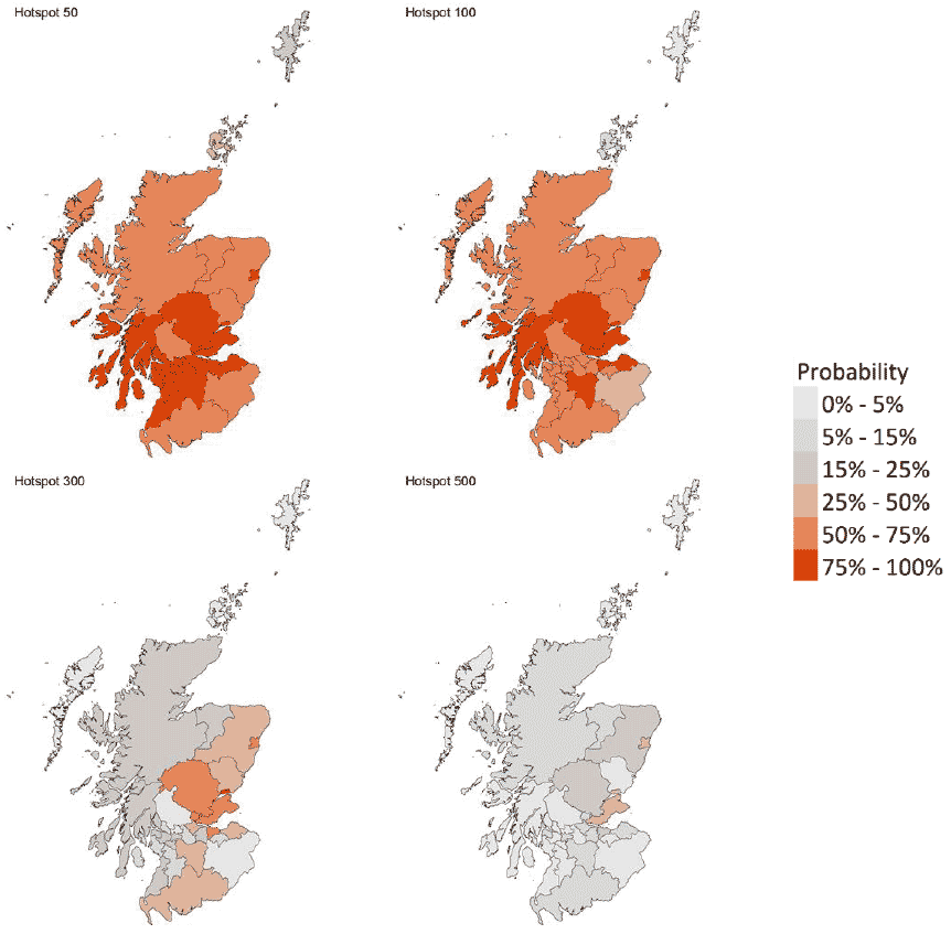 A series of four maps showing the probability of local authority areas exceeding thresholds of cases per 100K (6th February to 12th February 2022).