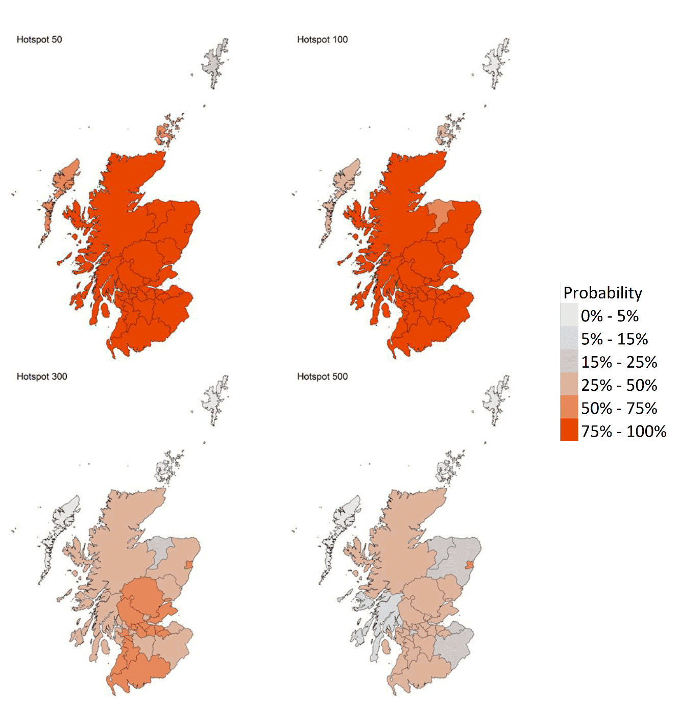 A series of four maps showing the probability of local authority areas exceeding thresholds of cases per 100K (13th February to 19th February 2022).