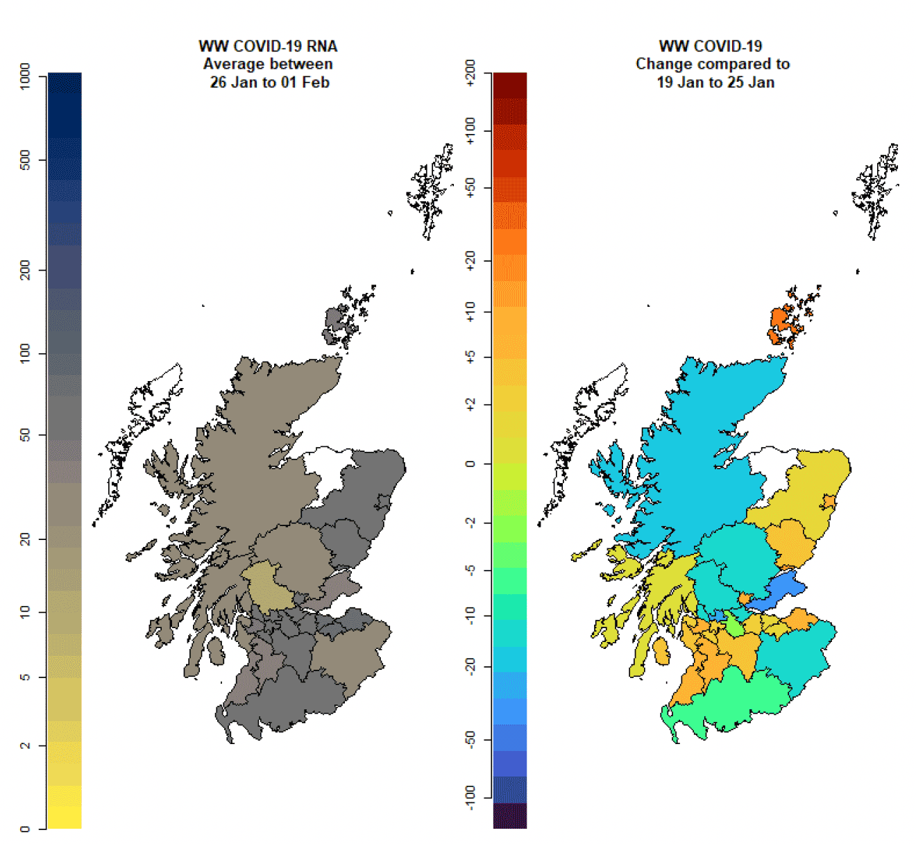 Two maps of Scotland, showing the wastewater Covid-19 levels for each local authority for the week ending 1st February, and the changes relative to the week ending 25th January.