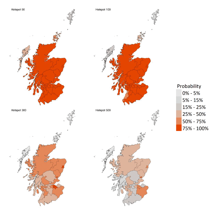 A series of four maps showing the probability of local authority areas exceeding thresholds of cases per 100K (20th February to 26th February 2022).