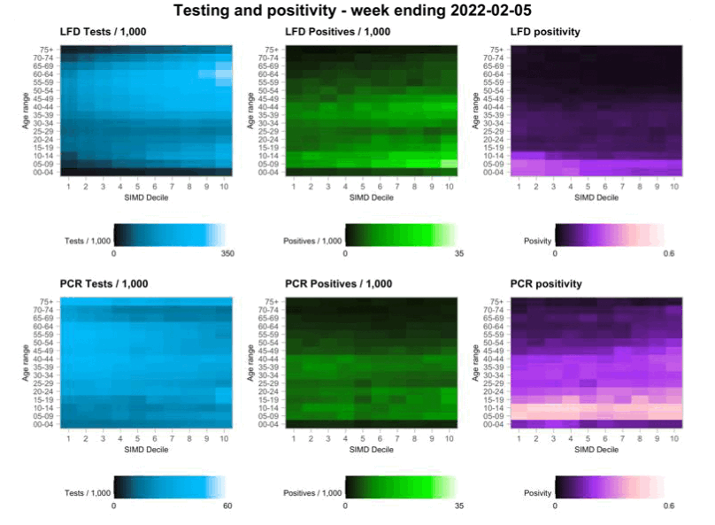 Six charts showing the variation in testing outcomes comparing lateral flow and PCR testing, by age and deprivation decile. Also six line charts showing PCR and LFD positivity by age and deprivation decile.