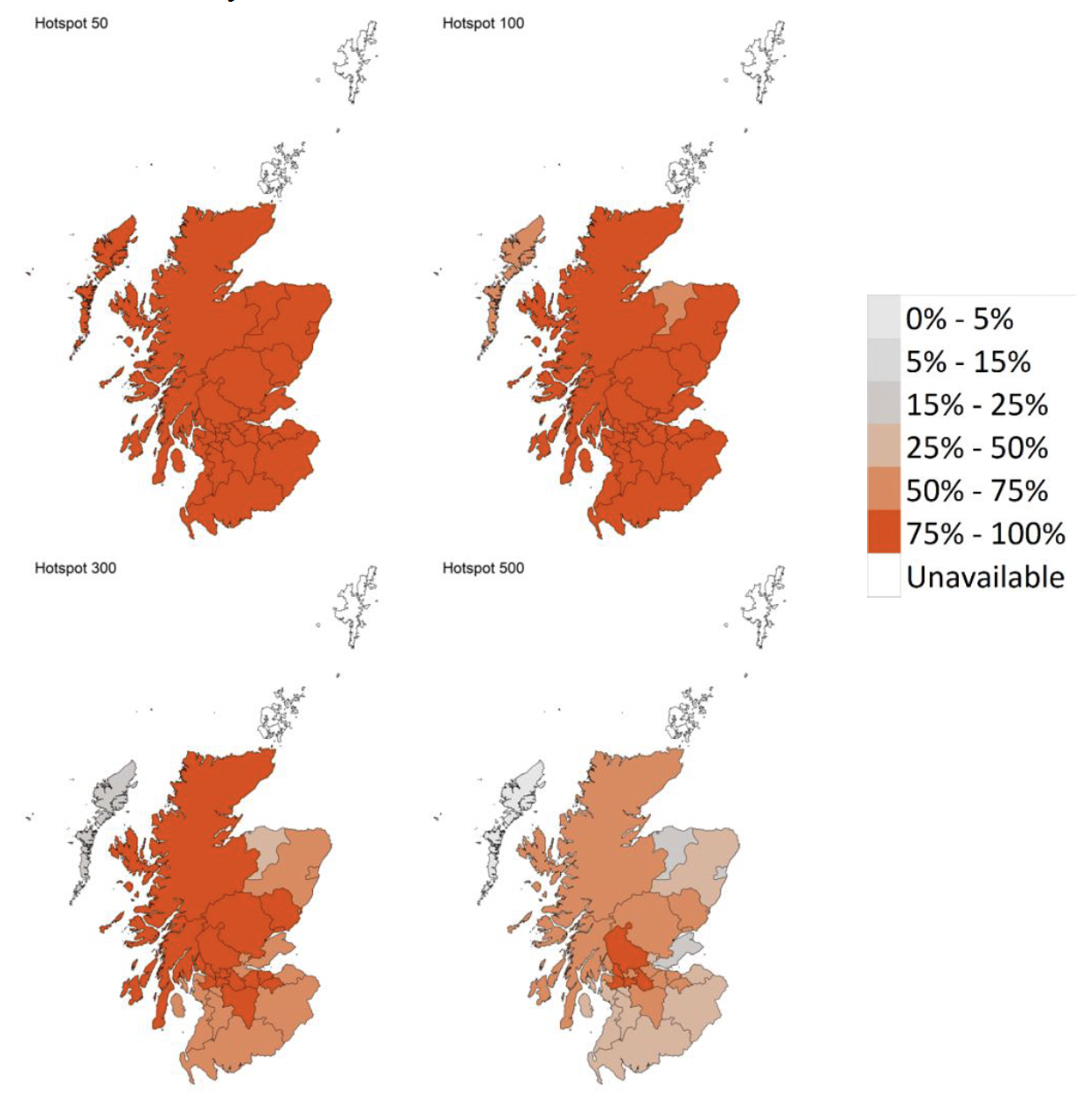 Figure 17. A series of four maps showing the probability of local authority areas exceeding thresholds of cases per 100K (27th February to 5th March 2022).