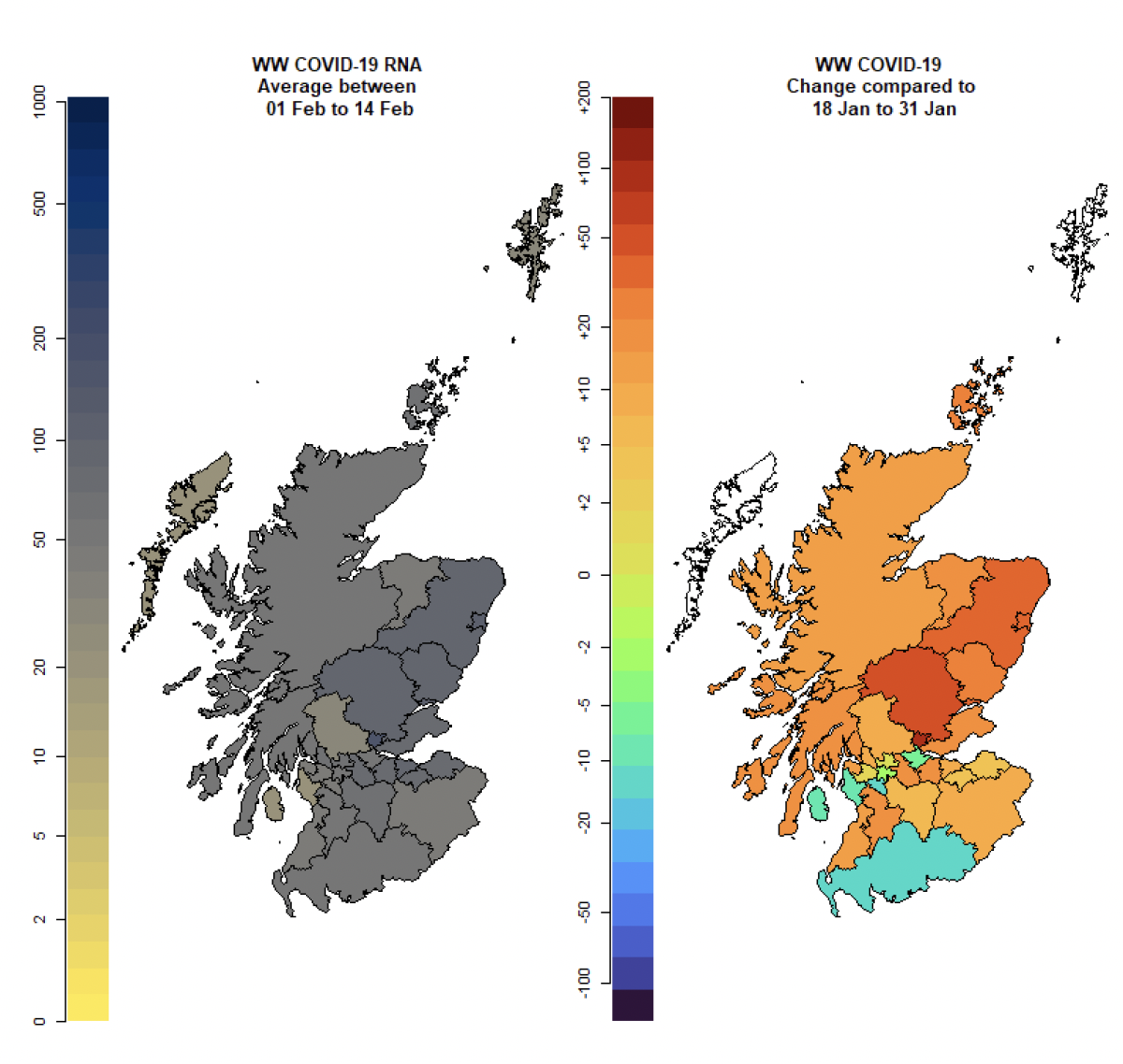Figure 21. Two maps showing wastewater Covid-19 levels for each local authority for 1st to 14th February, and changes relative to 18th January to 31st January.