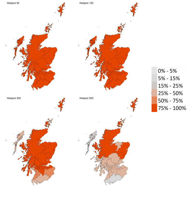 A series of maps showing the probability of local authority areas exceeding thresholds of cases per 100K (6th March to 12th March 2022). 