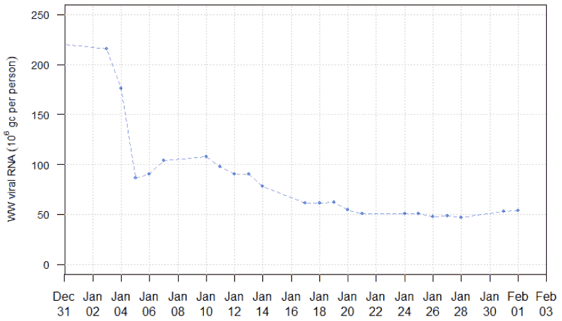 a line chart showing the national running average trends in wastewater Covid-19 from 31 December 2021 to 1 February 2022.
