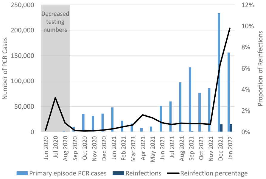 a combined chart. Measured against the left axis is a bar chart showing the total monthly number of primary episode PCR cases between June 2020 and January 2022. Measured against the right axis there is a line chart representing the proportion of the cases that were reinfections in this time period.