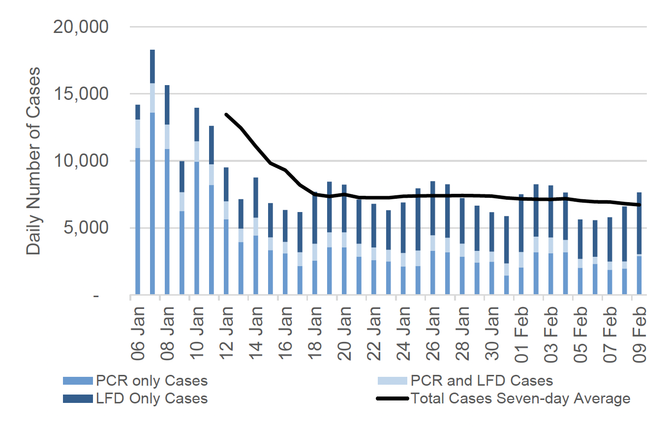 a bar chart showing daily PCR and LFD case numbers by reporting date with a line showing 7 day average total number of positive cases. 