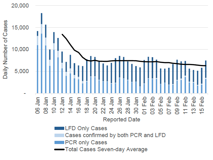 a bar chart showing daily PCR and LFD case numbers by reporting date with a line showing 7 day average total number of positive cases. While the number of daily reported cases fluctuate throughout the week, the total-seven day average levelled off from around mid-January and is on a slightly decreasing trend.