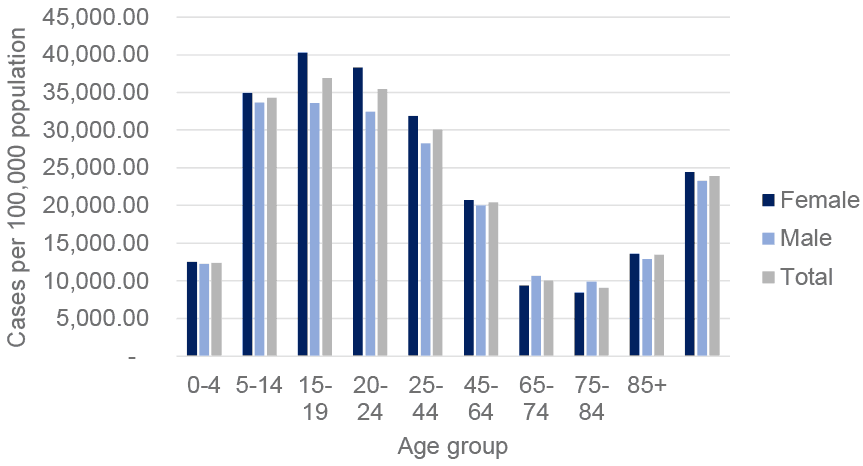 This bar chart shows case rates were highest among those aged 15-19 and lowest for 65-74 and 75-84 year olds. Overall, males and females have typically had a similar case rate, with females having a slightly higher number of cases per 100,000. Females aged 64 and under tend to have higher levels of Covid case rates than males in the same age groups, and the trend is reversed for those aged 65 to 84.