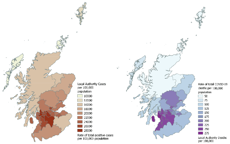This chart shows higher rates of cases and deaths in the southern and central areas of Scotland.