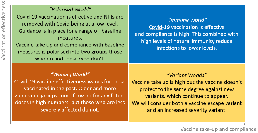 Shows four possible scenarios or ‘worlds’, a ‘polarised world’ where vaccines are effective but there is a group who are non-compliant as well as a group who are compliant, an ‘immune world’ where vaccines are effective and compliance is high through the population , a ‘waning world’ where vaccines wane and there is lower take up of boosters in lower risk groups, and a ‘variant world’ where new variants emerge.