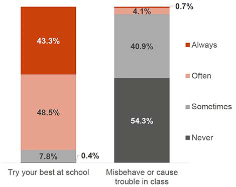 This chart shows the proportions of how often young people tried their best at school and misbehaved or caused trouble in class. 43.3% of young people said they “always” tried their best at school, and over half (54.3%) said they “never” misbehaved or caused trouble in class.