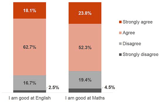 This chart shows the proportions of how strongly young people agreed or disagreed with the two statements “I am good at English” and “I am good at Maths”. 18.1% of young people “strongly agreed” that they were good at English, whilst 23.8% “strongly agreed” that they were good at Maths.