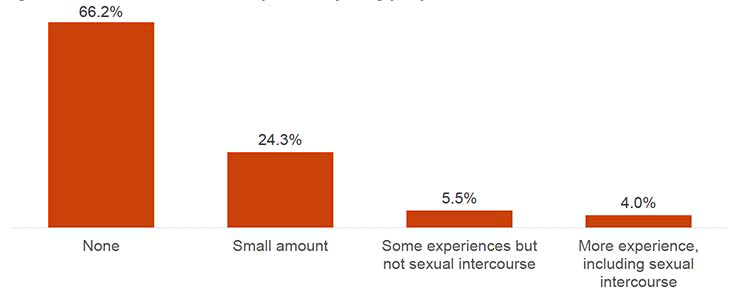 This chart shows the proportions of how much sexual experience a young person has had. Two out of three (66.2%) of young people said they had no sexual experience, whilst 4.0% said they had more experience, including sexual intercourse.