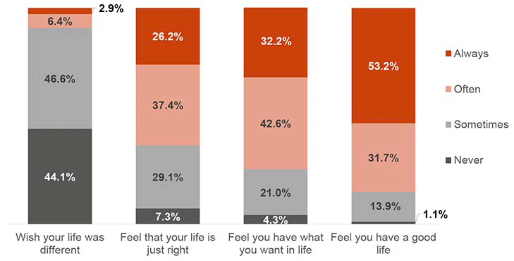This chart shows the proportions of how much young people felt four different life satisfaction statements applied. Over half (53.2%) of young people said they “always” feel they have a good life, and one in three (32.2%) said they “always” feel they have what they want in life. 26.2% of young people said they “always” feel that their life is just right, whilst 2.9% said they “always” wish their life was different.