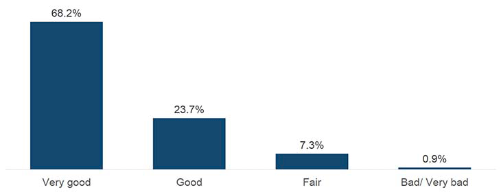 This chart shows the proportion of how parents perceived the general health of their child. The majority of parents said their child’s health was either “very good” (68.2%) or “good” (23.7%), whilst 7.3% said it was “fair”.
