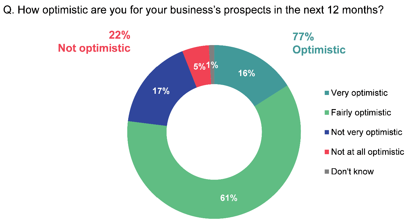 Pie chart showing 77% were optimistic and 22% were not optimistic for their prospects in the next 12 months