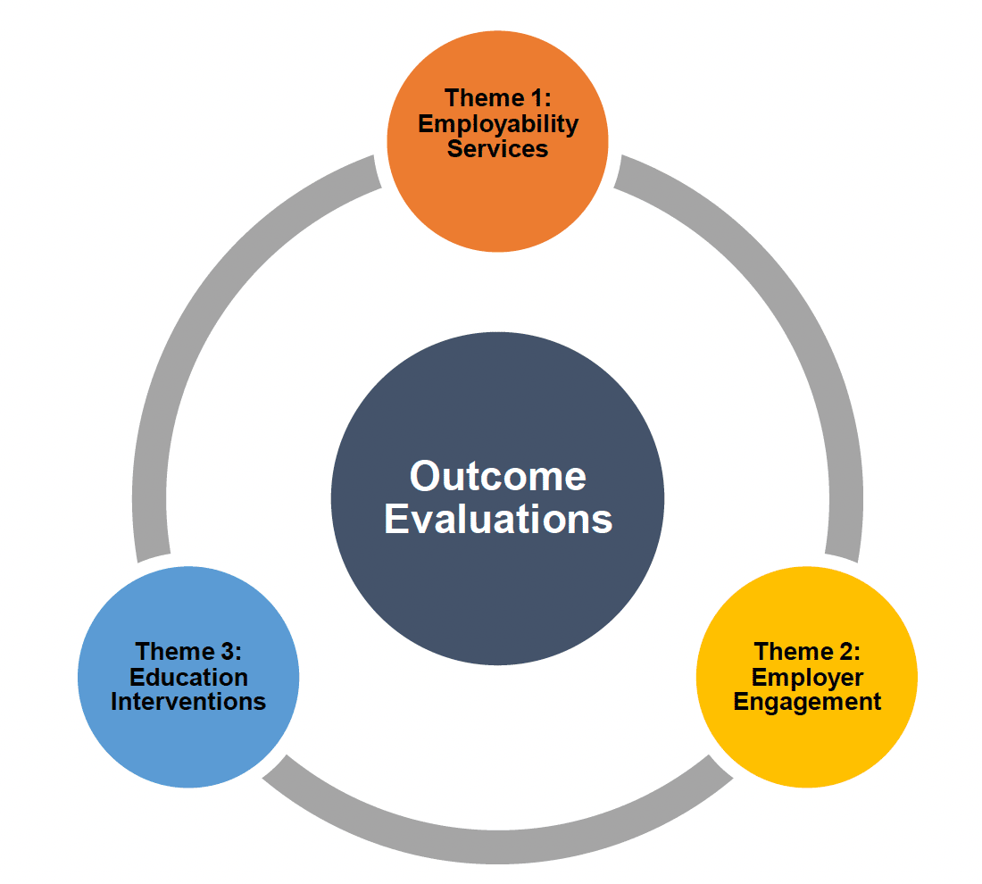 Outcome Evaluations are being split into three separate themes and being carried out individually.  These themes are:  Employability Services, Employer Engagement and Education Interventions.  